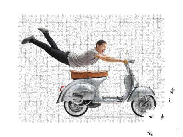 Young Man Flying & Riding a Vintage Scooter Bike Isolated... Jigsaw Puzzle with 1000 pieces