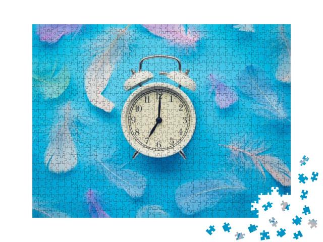 White Vintage Alarm Clock on a Blue Background in Delicat... Jigsaw Puzzle with 1000 pieces