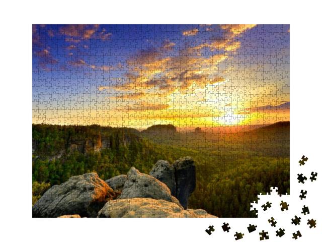 Saxon Switzerland Elbsandstone Sunrise At National Park R... Jigsaw Puzzle with 1000 pieces