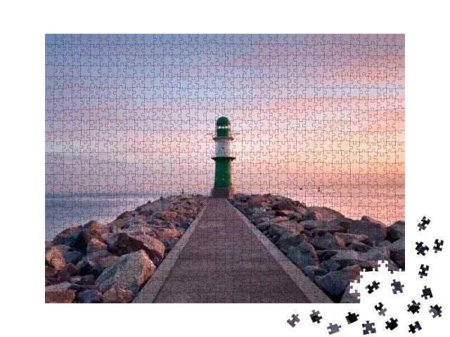 Lighthouse At Sunset in Warnemuende, Baltic Sea... Jigsaw Puzzle with 1000 pieces