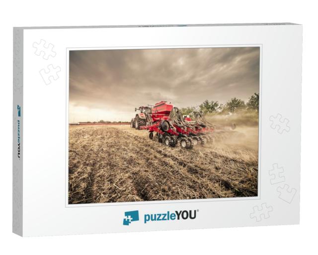 Modern Red Tractor with Red Implement Seeding Directly In... Jigsaw Puzzle