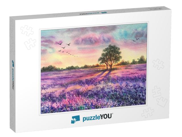 Watercolor Lavender Field. Sunset Lavender Field. Violet... Jigsaw Puzzle