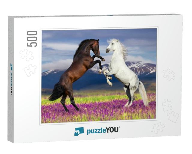 Two Horse Rearing Up Against Mountain View in Flower Fiel... Jigsaw Puzzle with 500 pieces