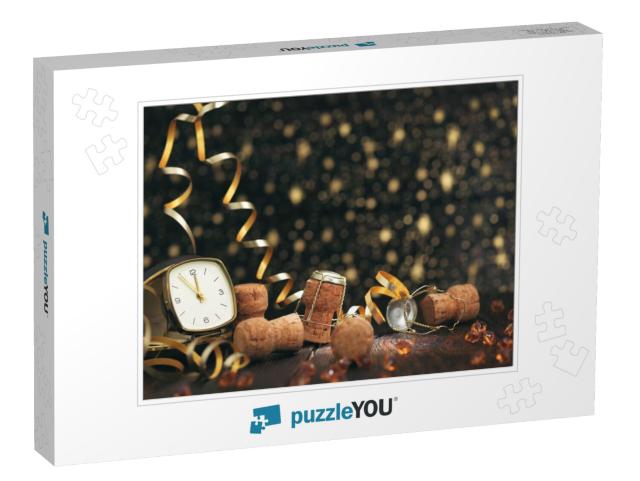 New Year Clock & Champagne Cap on Wooden Background... Jigsaw Puzzle