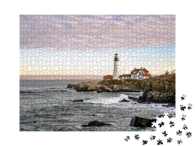 Lighthouse Illuminated by the Setting Sun on a Rocky Prom... Jigsaw Puzzle with 1000 pieces