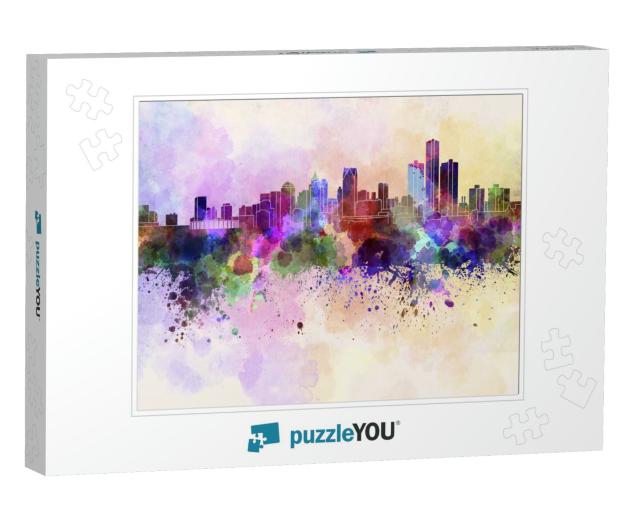 Detroit Skyline in Watercolor Background... Jigsaw Puzzle