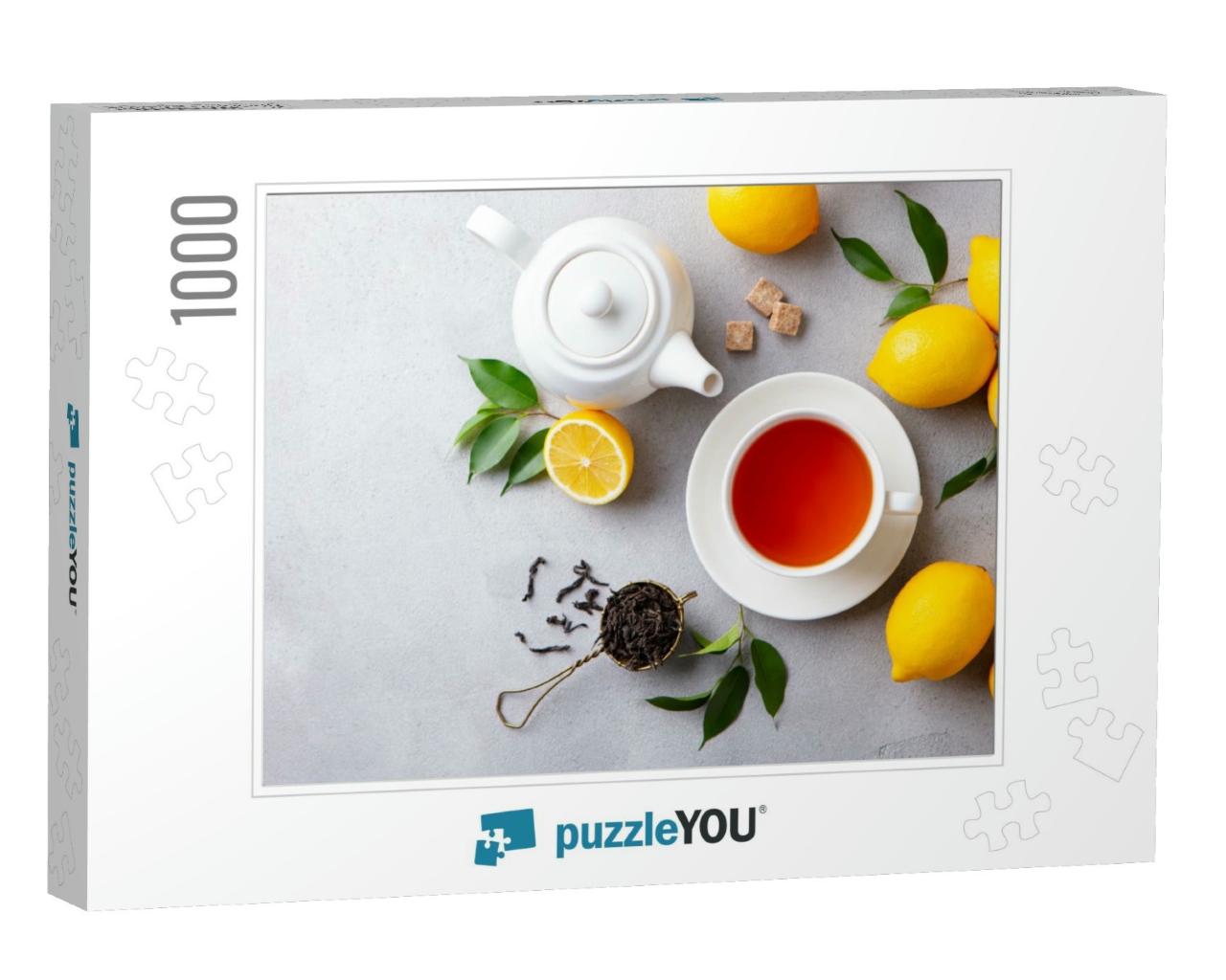 Tea Cup & Pot with Lemon. Grey Background. Copy Space. To... Jigsaw Puzzle with 1000 pieces