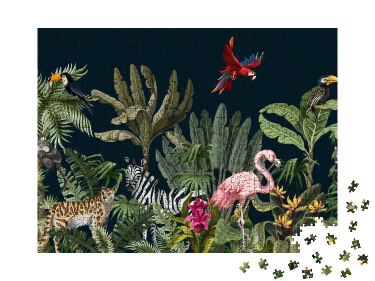 Seamless Pattern with Jungle Animals, Flowers & Trees. Ve... Jigsaw Puzzle with 1000 pieces