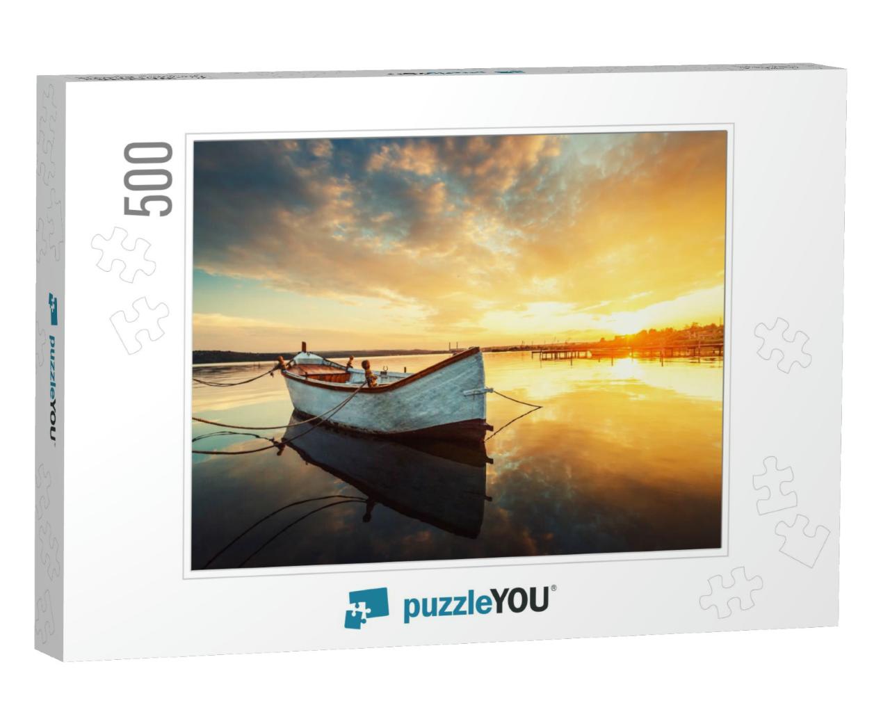 Boat on Lake with a Reflection in the Water At Sunset... Jigsaw Puzzle with 500 pieces