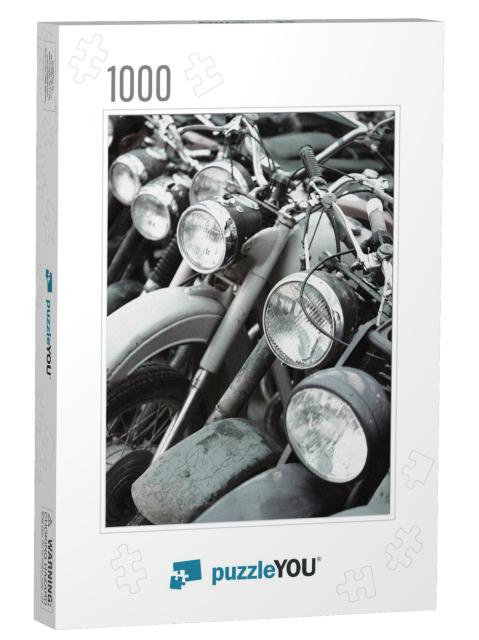 Grunge Black & White Photography of Group Motorbikes Park... Jigsaw Puzzle with 1000 pieces