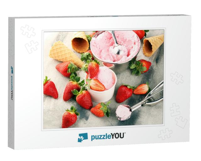Strawberry Ice Cream Scoop with Fresh Strawberries & Ice... Jigsaw Puzzle