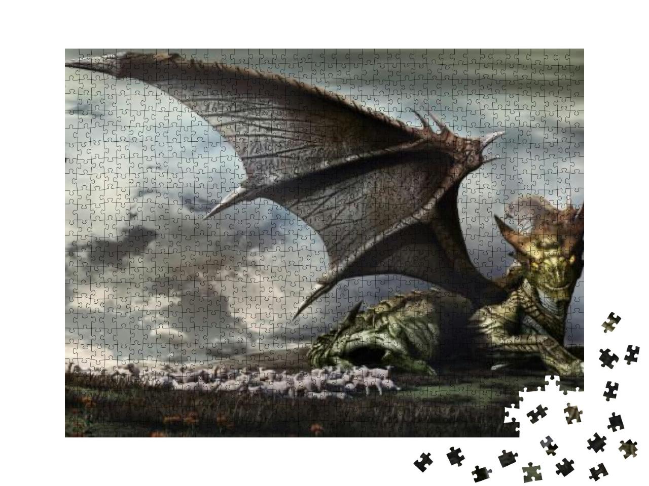 Fantasy Landscape with Dragon Guarding a Flock of Sheep... Jigsaw Puzzle with 1000 pieces