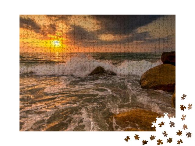 A Sunset Ocean Wave is Breaking on the Sea Shore with the... Jigsaw Puzzle with 1000 pieces