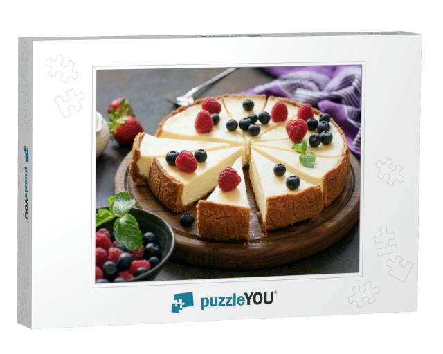 Classic Plain New York Cheesecake Sliced on Wooden Board... Jigsaw Puzzle