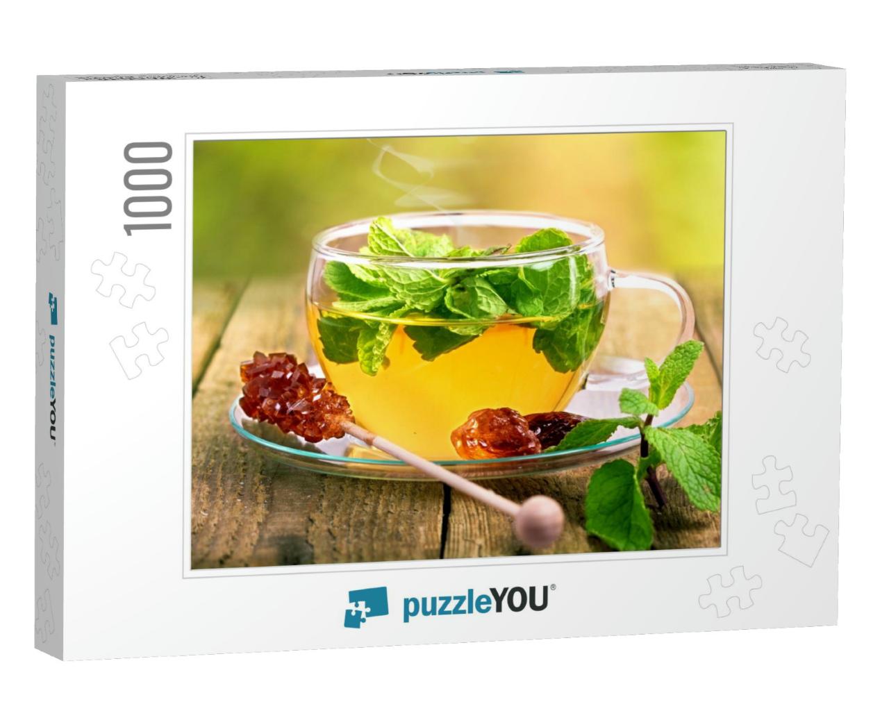 Tea in Glass Cup with Mint Leaf & Brown Cane Sugar on a W... Jigsaw Puzzle with 1000 pieces