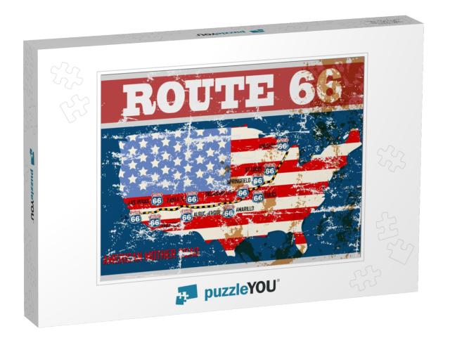 Grungy Route Sixty Six Road Map, Retro Grungy Vector Illu... Jigsaw Puzzle