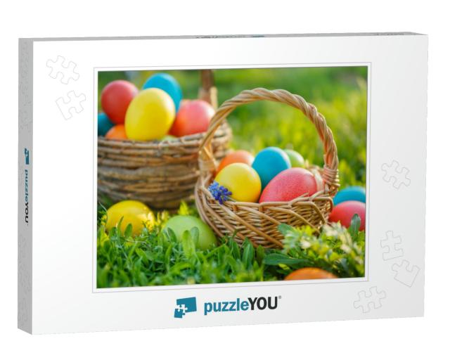 Happy Easter. Colorful Easter Eggs in Baskets, on the Spr... Jigsaw Puzzle