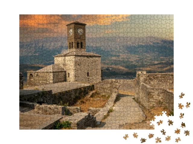 Sunset Over Clock Tower & Fortress At Gjirokaster, a Beau... Jigsaw Puzzle with 1000 pieces