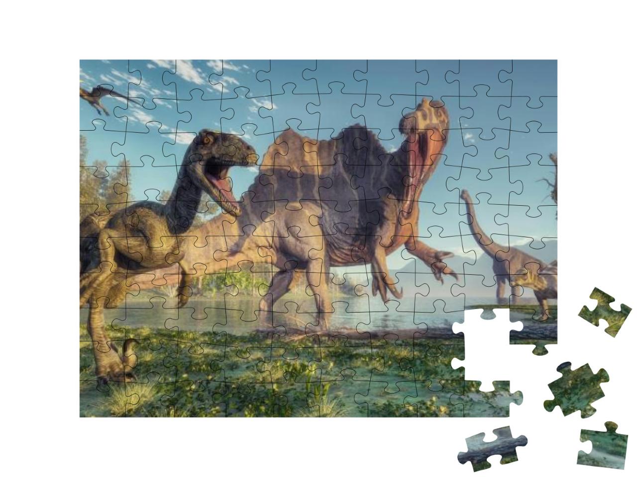 Spinosaurus & Deinonychus in the Jungle. This is a 3D Ren... Jigsaw Puzzle with 100 pieces