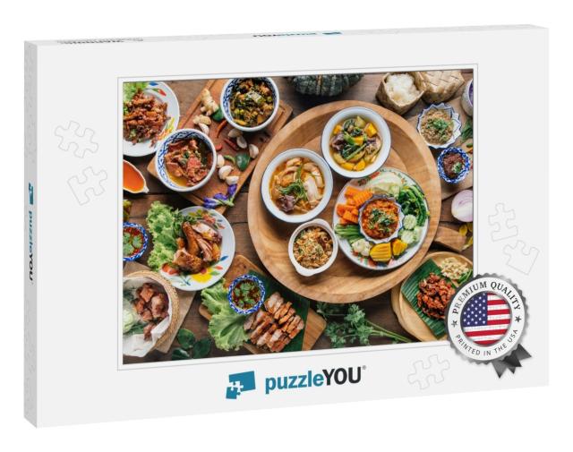 Tradition Northern Thai Food. on a Wooden Table, Top View... Jigsaw Puzzle