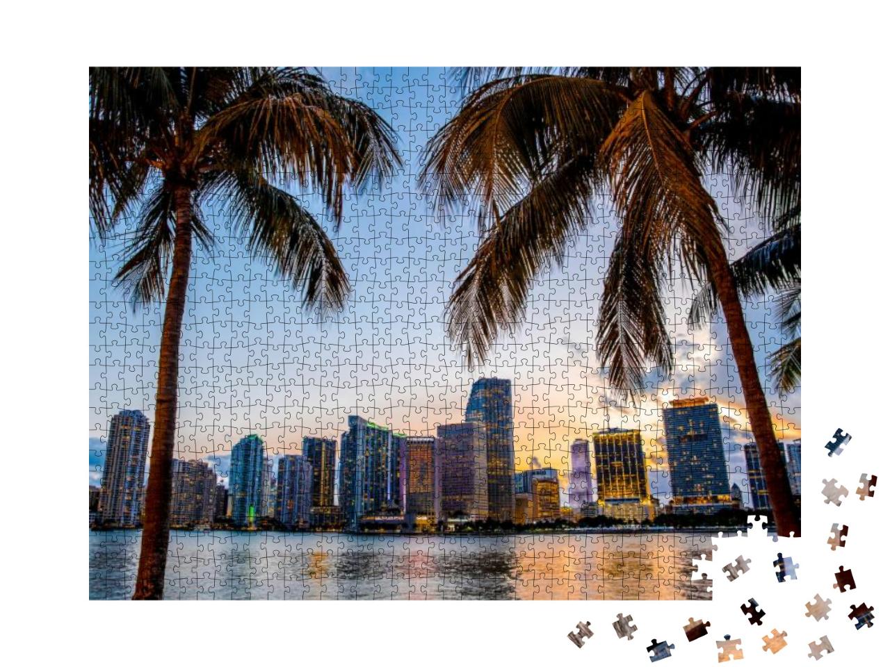 Miami, Florida Skyline & Bay At Sunset Seen Through Palm... Jigsaw Puzzle with 1000 pieces