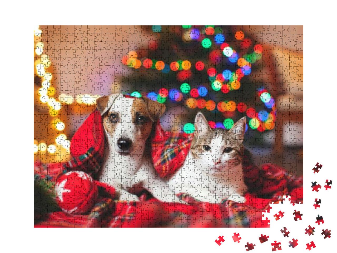 Cat & Dog Under a Christmas Tree. Pets Under Plaid... Jigsaw Puzzle with 1000 pieces