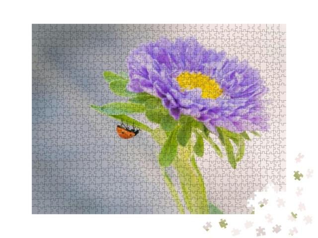 A Closeup Shot of a Ladybug on the Purple Aster... Jigsaw Puzzle with 1000 pieces