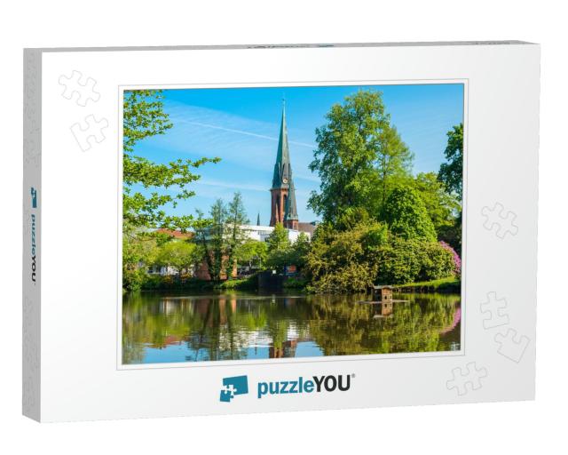View of the Pond & St. Lamberti Church of Oldenburg, Germ... Jigsaw Puzzle