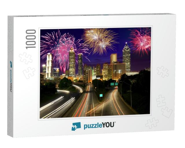 Fireworks Over Atlanta Skyscrapers, Usa... Jigsaw Puzzle with 1000 pieces