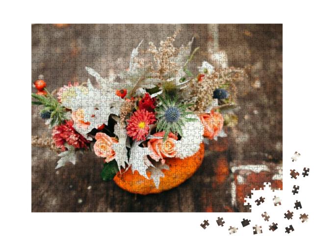 Autumn Floral Bouquet in a Pumpkin Vase for Halloween... Jigsaw Puzzle with 1000 pieces