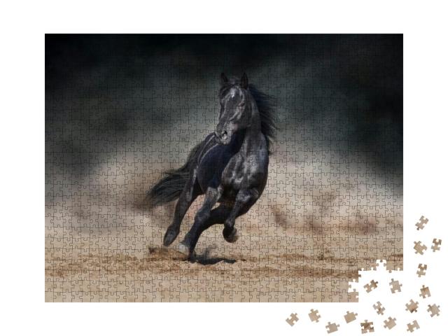 Black Stallion Run on Desert Dust Against Dramatic Backgr... Jigsaw Puzzle with 1000 pieces