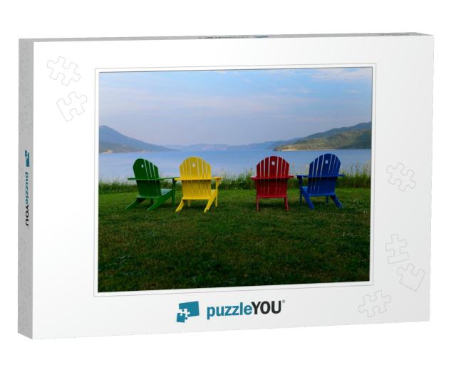 A Green, Yellow, Red & Blue Empty Adirondack Chairs At th... Jigsaw Puzzle