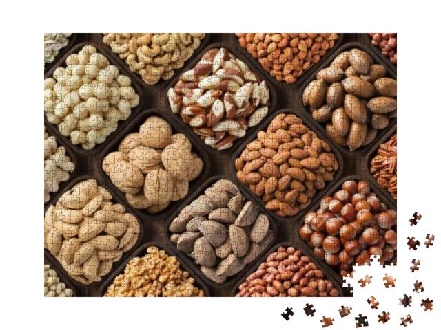 Seeds & Nuts Background, Natural Food in Wooden Bowls, To... Jigsaw Puzzle with 1000 pieces