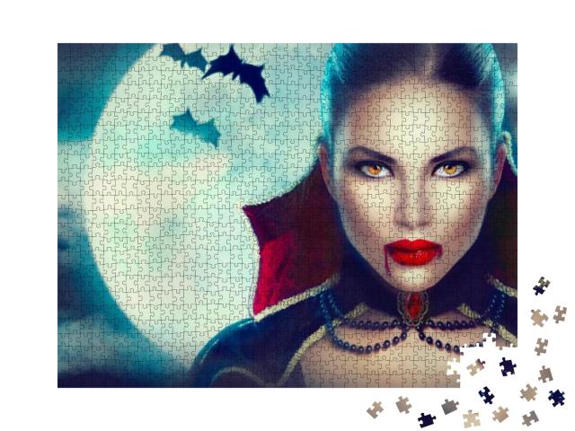 Halloween Vampire Woman Portrait Over Scary Night Backgro... Jigsaw Puzzle with 1000 pieces