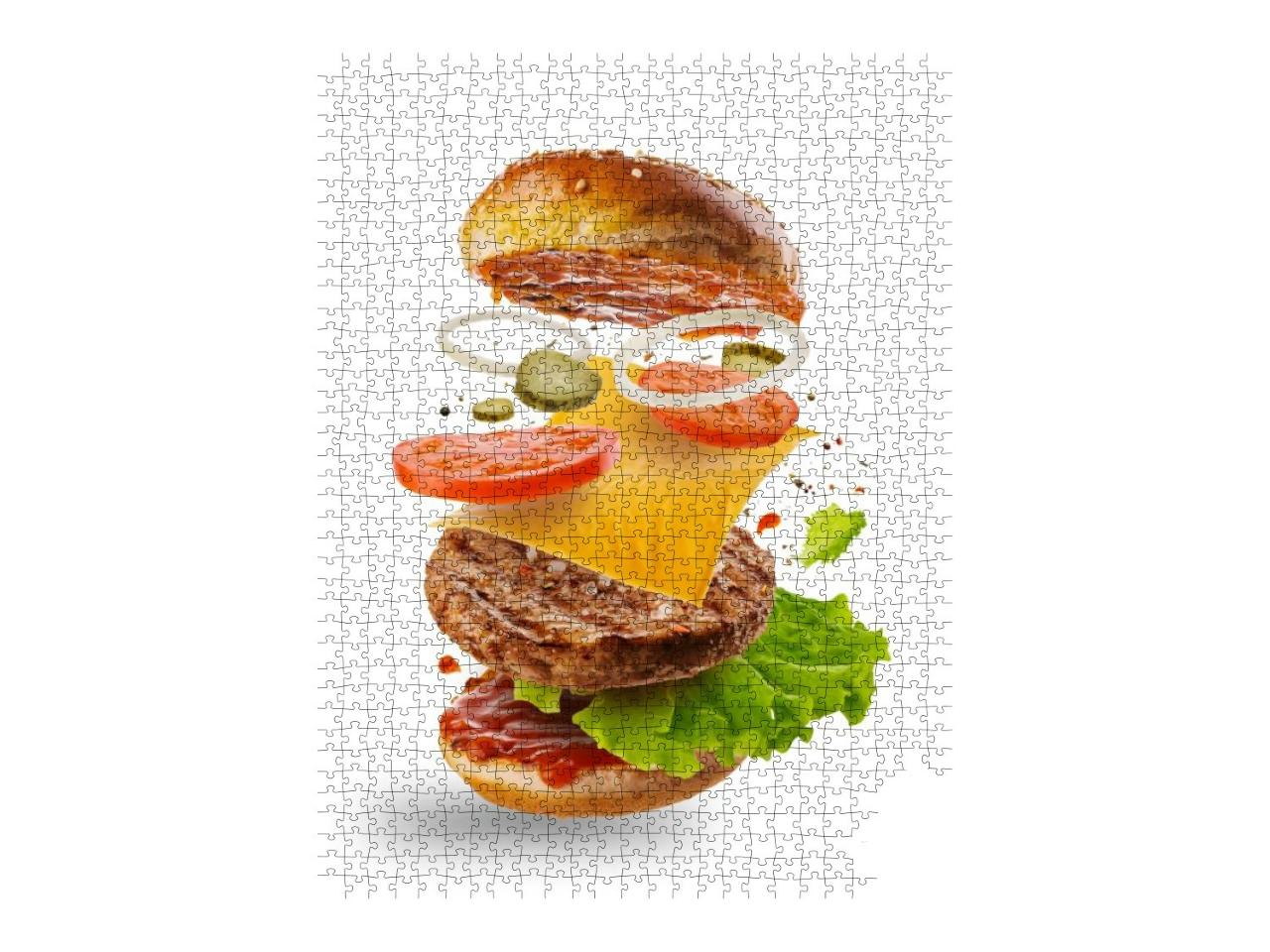 Burger with Flying Elements. Delicious Burger with Flying... Jigsaw Puzzle with 1000 pieces