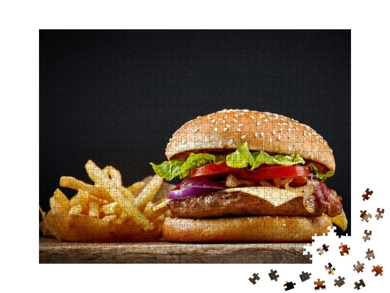 Fresh Tasty Burger & French Fries on Wooden Table... Jigsaw Puzzle with 1000 pieces