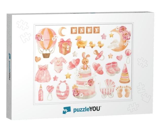 Set of Watercolor Elements for a Little Girl... Jigsaw Puzzle