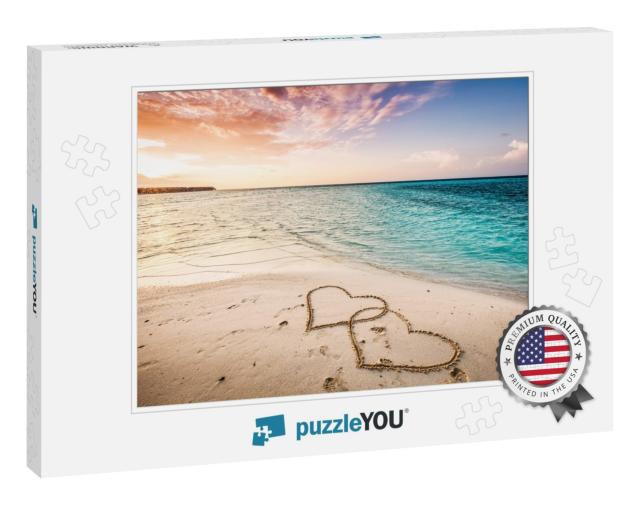 Two Hearts Drawn on a Sandy Beach by the Sea. Sunset View... Jigsaw Puzzle