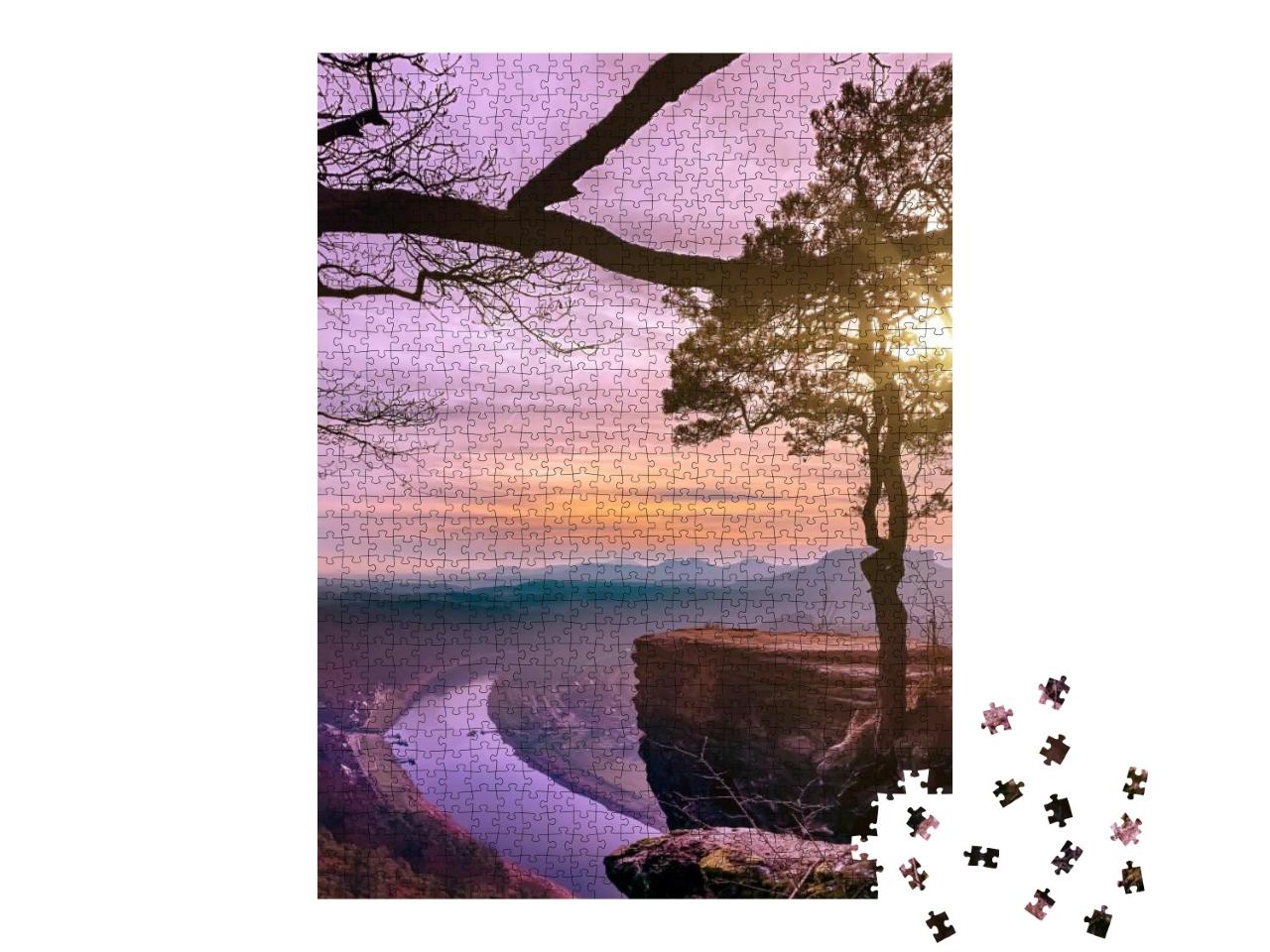 Beautiful Pink Sunset with View of Elbe River in Saxon Sw... Jigsaw Puzzle with 1000 pieces