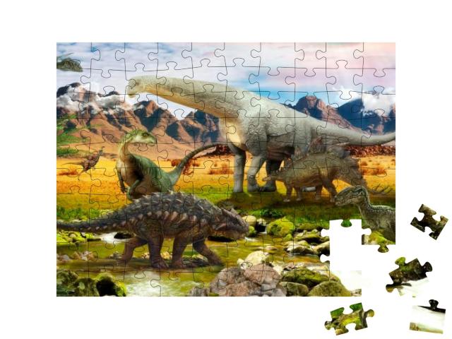 Dinosaurs in the Park by the Lake... Jigsaw Puzzle with 100 pieces