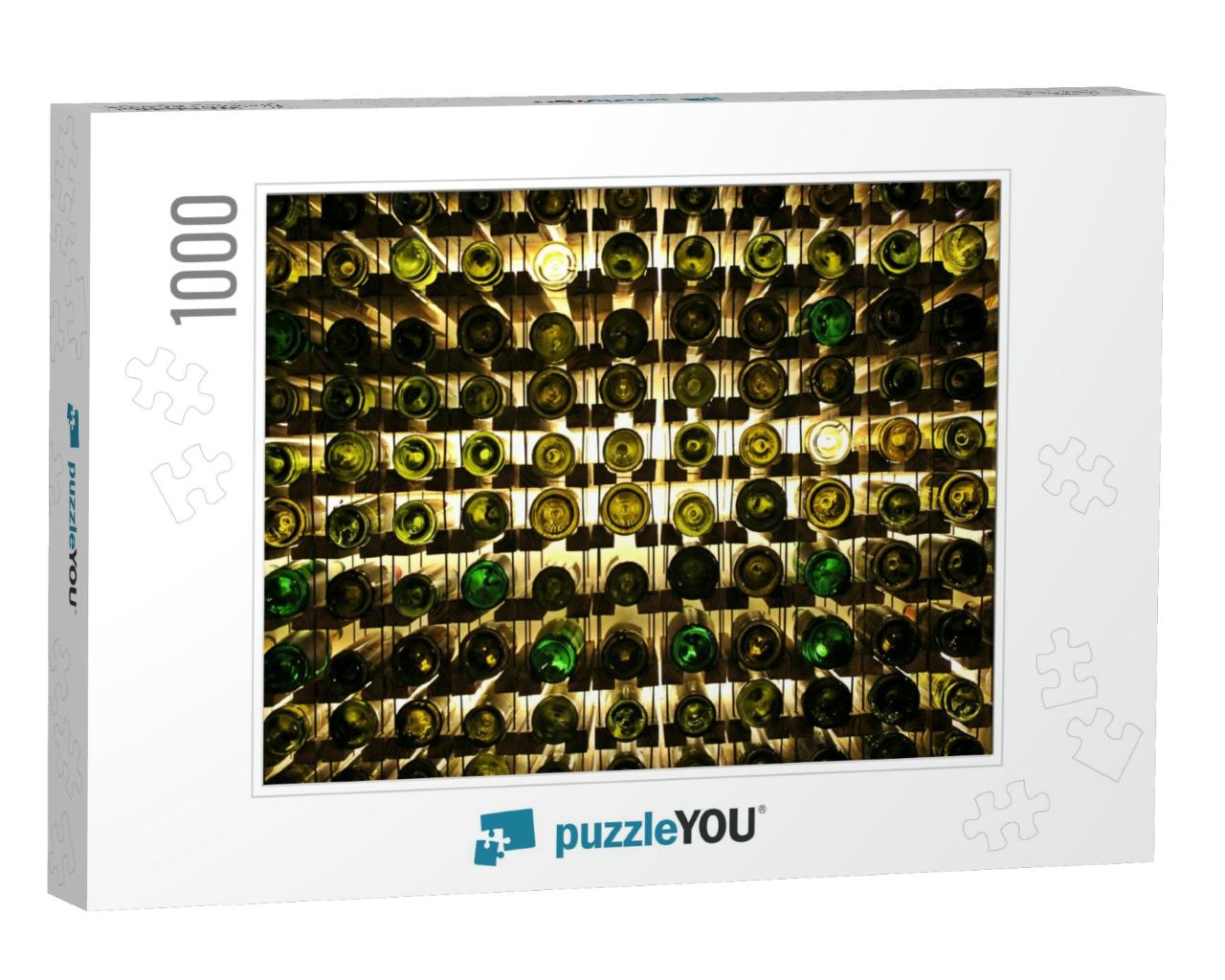 Many Glass Wine Bottles on Wine Shelves with Lighting. In... Jigsaw Puzzle with 1000 pieces
