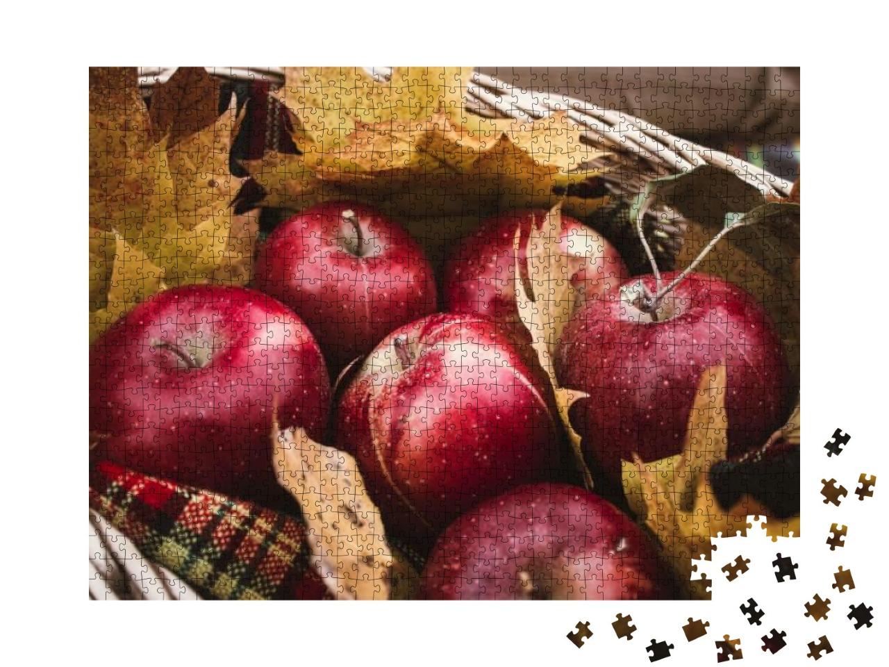 Harvest of Red Apples in a Basket & in Autumn Leaves... Jigsaw Puzzle with 1000 pieces