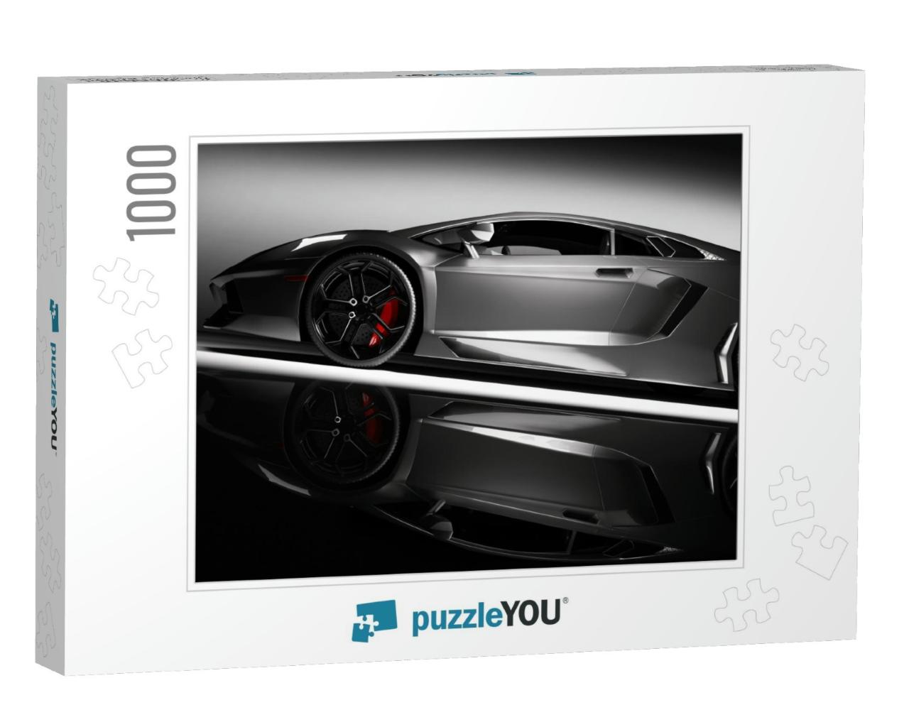 Grey Fast Sports Car in Spotlight, Black Background. Shin... Jigsaw Puzzle with 1000 pieces