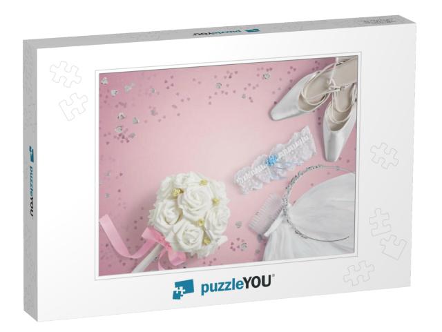 Wedding Accessories on a Pink Background with Copy... Jigsaw Puzzle