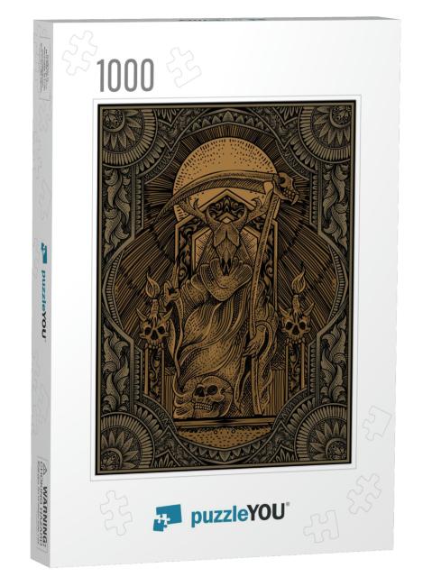 Illustration Vector King Satan on Gothic Engraving Orname... Jigsaw Puzzle with 1000 pieces
