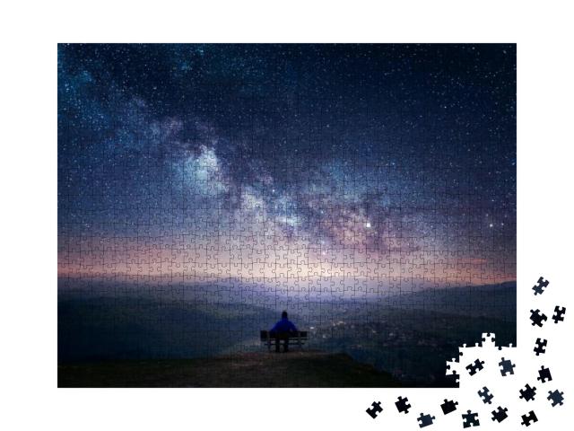 A Man Sitting on a Bench Staring At a Starry Sky with a M... Jigsaw Puzzle with 1000 pieces