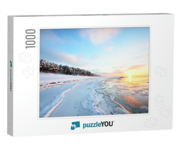 Panoramic View of the Frozen Baltic Sea Shore At Sunset... Jigsaw Puzzle with 1000 pieces