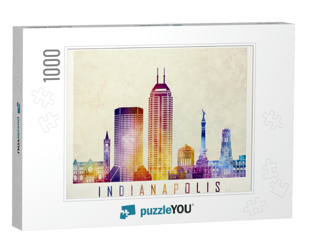 Indianapolis Landmarks Watercolor Poster... Jigsaw Puzzle with 1000 pieces