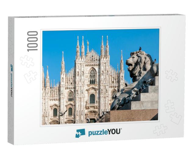 Milan Cathedral with Monument of Lion, Italy... Jigsaw Puzzle with 1000 pieces