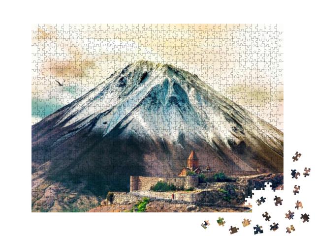 Ancient Monastery Khor Virap in Armenia with Lesser Arara... Jigsaw Puzzle with 1000 pieces